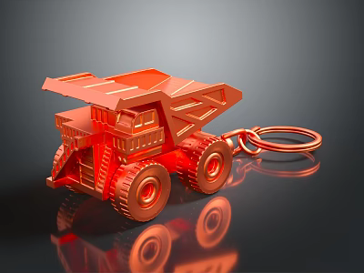 Red Metallic Miniature Dump Truck Keychain With Shiny Surface And Key Ring 3d model