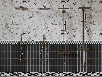 Elegant Bathroom With Bird Pattern Wallpaper Black Tiles Checkered Floor And Shower Fixtures 3d model
