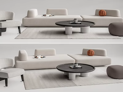 Minimalist Modern Light Sofa Round Coffee Table Set With Throw Pillows Rug And Accent Chair 3d model