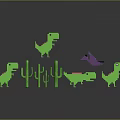 Pixel Art Green Dinosaur Characters With Different Poses Purple Creature And Cactus Plants