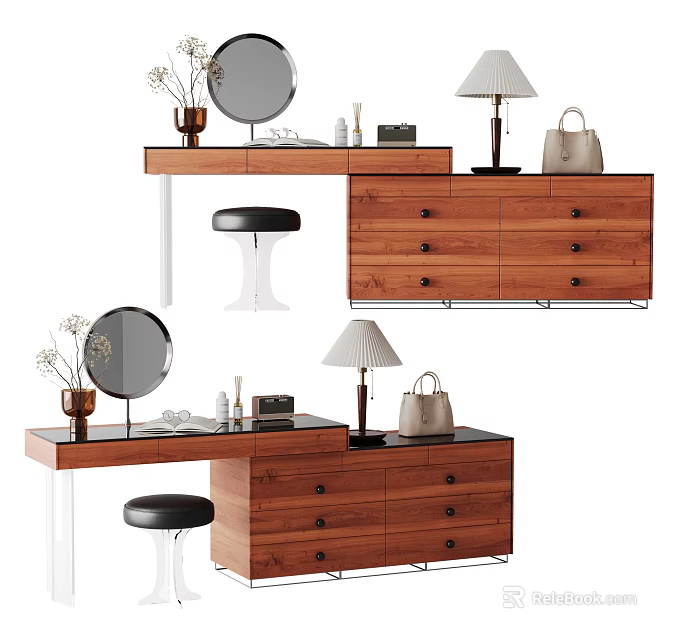 Modern Wooden Dressing Table Interior With Mirror Stool Lamp and Drawers 3d model