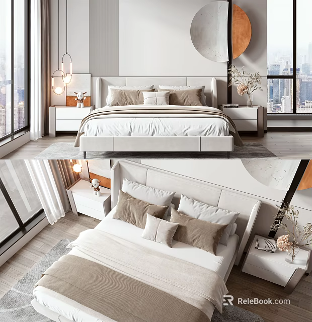 Modern Double Bed with Upholstered Headboard Neutral Pillows in Bright Bedroom City View and Nightstands 3d model 