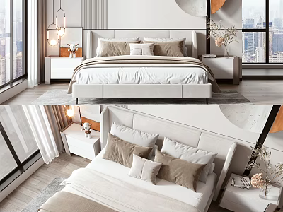 Modern Double Bed with Upholstered Headboard Neutral Pillows in Bright Bedroom City View and Nightstands 3d model