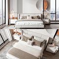 Modern Double Bed with Upholstered Headboard Neutral Pillows in Bright Bedroom City View and Nightstands
