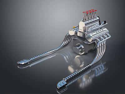 Chrome Plated Automotive Engine Component With Red Spark Plugs And Reflective Surface 3d model
