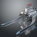 Chrome Plated Automotive Engine Component With Red Spark Plugs And Reflective Surface