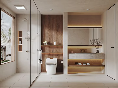 Modern Bathroom Interior Design With Glass Shower Toilet Wooden Vanity Mirror And Lighting 3d model