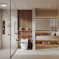 Modern Bathroom Interior Design With Glass Shower Toilet Wooden Vanity Mirror And Lighting