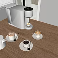 White Coffee Maker Making Fresh Latte Cups With Milk Jug On Wooden Table