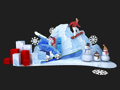 Festive Winter Scene Featuring Snow Mountain Skiers Snowmen And Snowflake Decorations 3d model