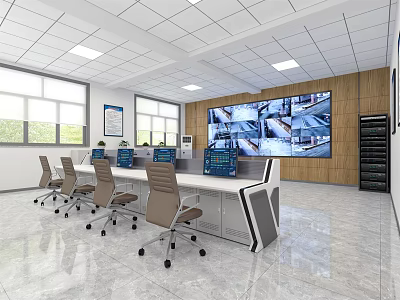 Modern Monitoring Room with Multiple Surveillance Screens Workstations Office Chairs and Natural Light Through Windows 3d model