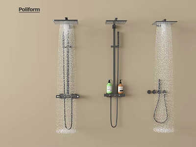 Three Modern Shower Systems With Water Flow And Bath Products 3d model