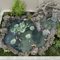 Garden Pond With Rockery Waterfall Koi Fish Lotus Leaves And Green Plants