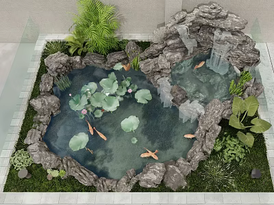 Garden Pond With Rockery Waterfall Koi Fish Lotus Leaves And Green Plants 3d model