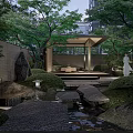 Garden Landscape Featuring Wooden Walkway Stream Trimmed Shrubs Trees And Modern Pavilion