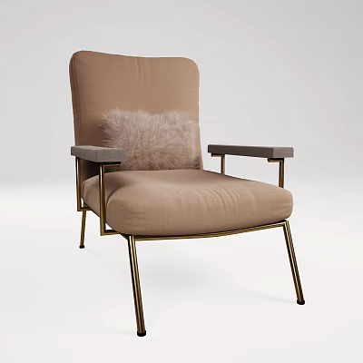 Beige Fabric Single Chair With Golden Metal Frame Gray Armrests And Fluffy Cushion 3d model