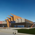 Modern Commercial Complex With Geometric Roof Design Glass Facade And Urban Retail Space