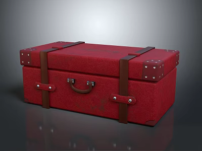 Classic Red Vintage Trunk With Brown Leather Straps And Metal Studs 3d model