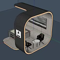 Modern Exhibition Booth With Curved Structure Black Pillars Tables Chairs And Brand Logo