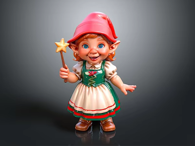 Cute Elf Doll With Red Hat Star Wand Green Dress And Brown Shoes 3d model