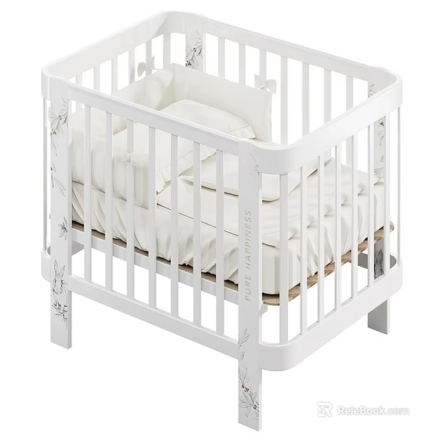 Modern White Baby Crib With Decorative Details And Soft Bedding 3d model 