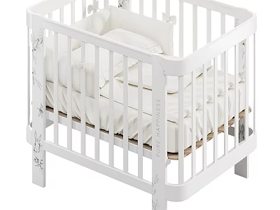 Modern White Baby Crib With Decorative Details And Soft Bedding 3d model