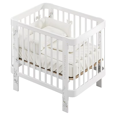 Modern White Baby Crib With Decorative Details And Soft Bedding 3d model