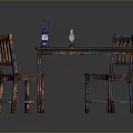 Vintage Dining Table Set with Two Distressed Wood Chairs and Blue Decorative Bottle