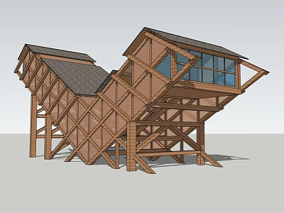 Wooden Road Infrastructure With Sloped Roof Multi Level Design Windows And Supporting Pillars 3d model