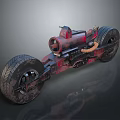 Custom Motorcycle With Large Tires Red Black Body And Mechanical Details