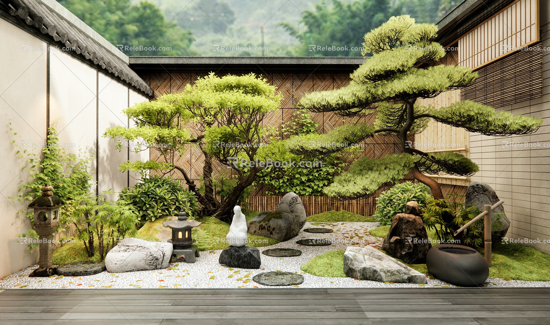 Villa Courtyard Landscape Stone Plant Landscape Landscaping Pine Misty Pot Ting Step 3d model