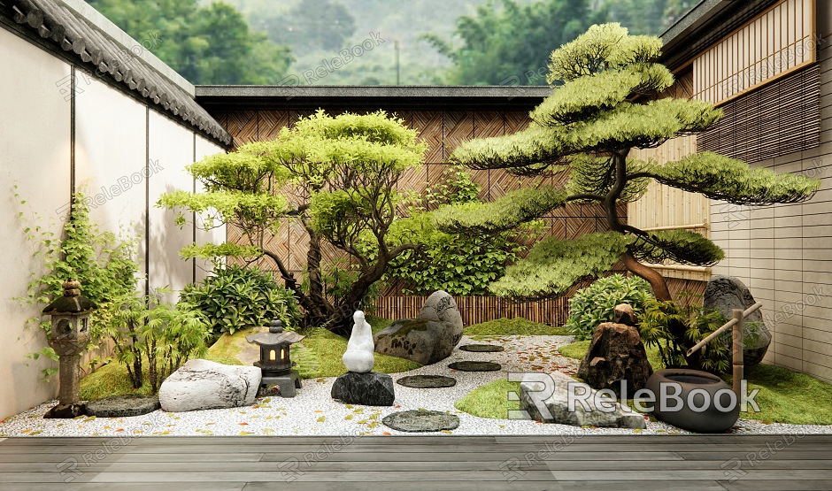 Villa Courtyard Landscape Stone Plant Landscape Landscaping Pine Misty Pot Ting Step model