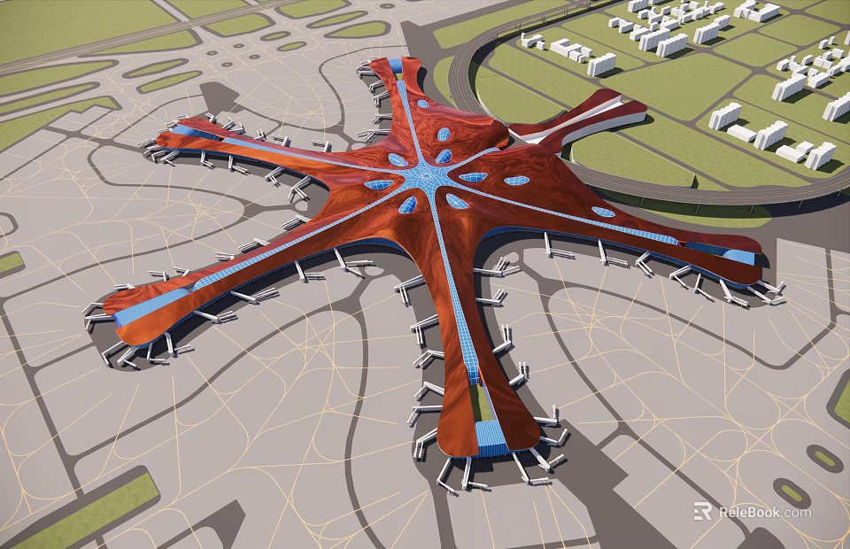 Starfish Shaped Large Transportation Hub Building With Unique Roof Design And Surrounding Roads Green Areas 3d model 