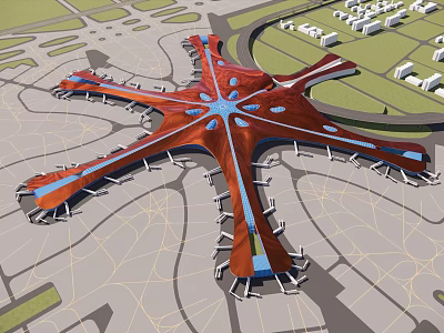 Starfish Shaped Large Transportation Hub Building With Unique Roof Design And Surrounding Roads Green Areas 3d model