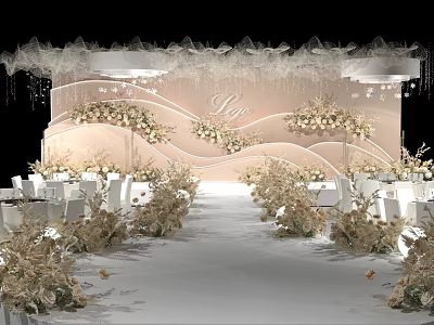 Luxurious Wedding Banquet Hall Interior Design With Floral Arrangements Stage Backdrop And Soft Lighting 3d model