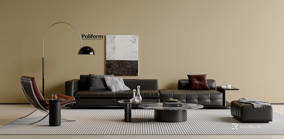 Black Leather Sofa and Coffee Table Set with Decorative Pillows Floor Lamp and Wall Art 3d model 