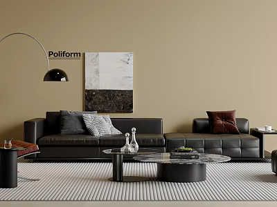 Black Leather Sofa and Coffee Table Set with Decorative Pillows Floor Lamp and Wall Art 3d model