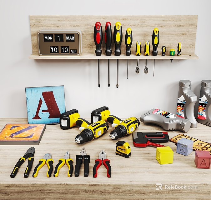 Organized Hardware Tools Including Screwdrivers Drills And Pliers On Shelf And Table 3d model 