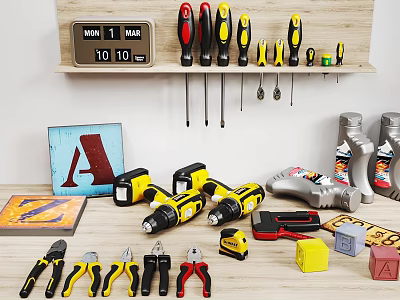 Organized Hardware Tools Including Screwdrivers Drills And Pliers On Shelf And Table 3d model