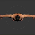 Shirtless Man Standing with Arms Outstretched in Black Shorts Against Dark Background with Reflective Floor