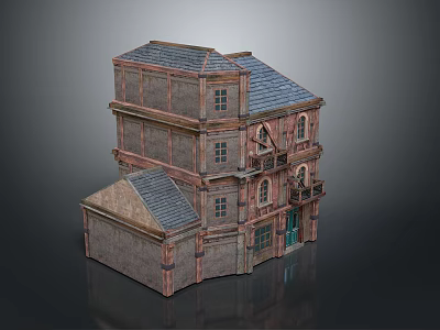 Vintage Multi story Building 3D Model With Brick Walls Sloped Roof And Arched Windows 3d model