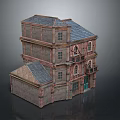 Vintage Multi story Building 3D Model With Brick Walls Sloped Roof And Arched Windows
