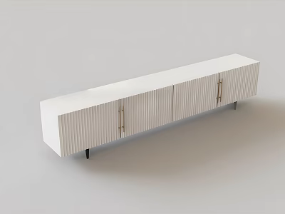 Modern White TV Stand With Striped Design Metal Handles And Black Legs 3d model