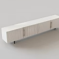 Modern White TV Stand With Striped Design Metal Handles And Black Legs