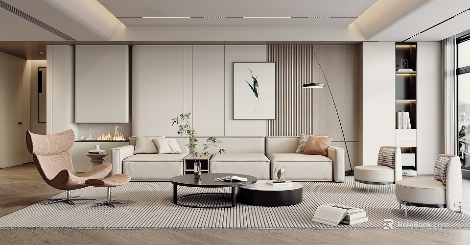 Modern Living Room Interior With Beige Sofa Coffee Table Artwork And Floor Lamp 3d model 