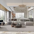 Modern Luxurious Duplex Living Room With Chandeliers Plants And Large Windows