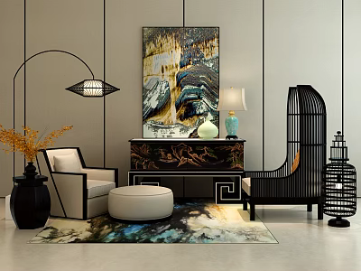 Modern Elegant Entryway Console Table With Painting Lamp And Decorative Rug 3d model