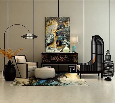 Modern Elegant Entryway Console Table With Painting Lamp And Decorative Rug 3d model