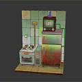 Vintage Miniature Room With Green And Yellow Tiled Wall Retro TV Refrigerator And Stove