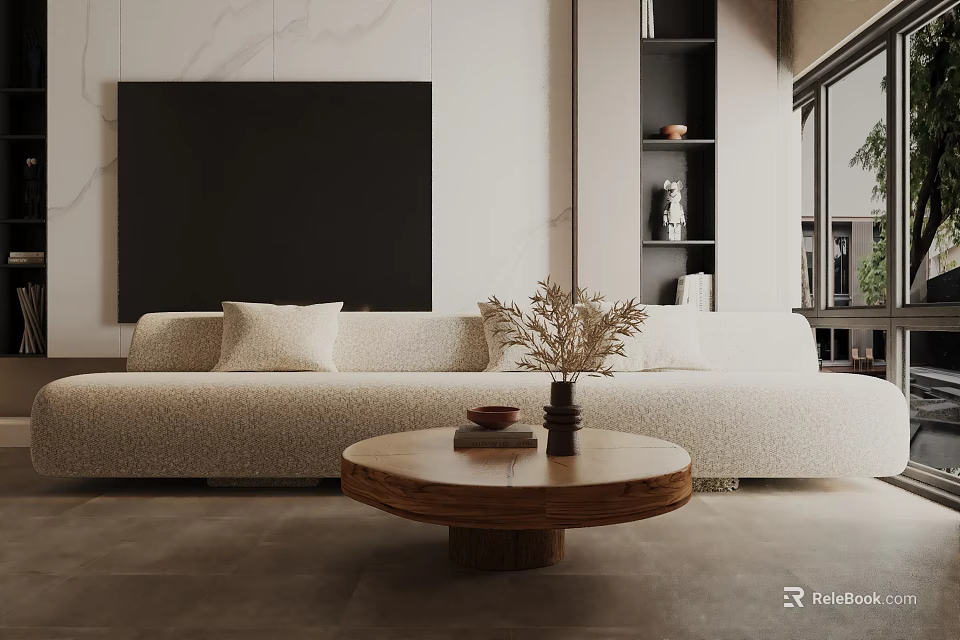 Modern Three-Seater Sofa In Beige Tone With Decorative Pillows And Round Wooden Coffee Table 3d model 